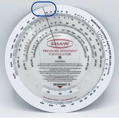 Select units and pressure for calculating dew point with Shaw Moisture Meters dew point calculator